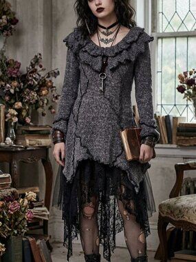 Casa Donna Grey Ruffle Knit Lagenlook Victorian Fairy Grunge Sweater Dress Small